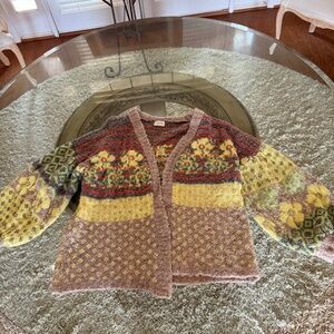 Fate Yellow Tan Gray Multi Floral & Stripe Print Open Front Cardigan XS